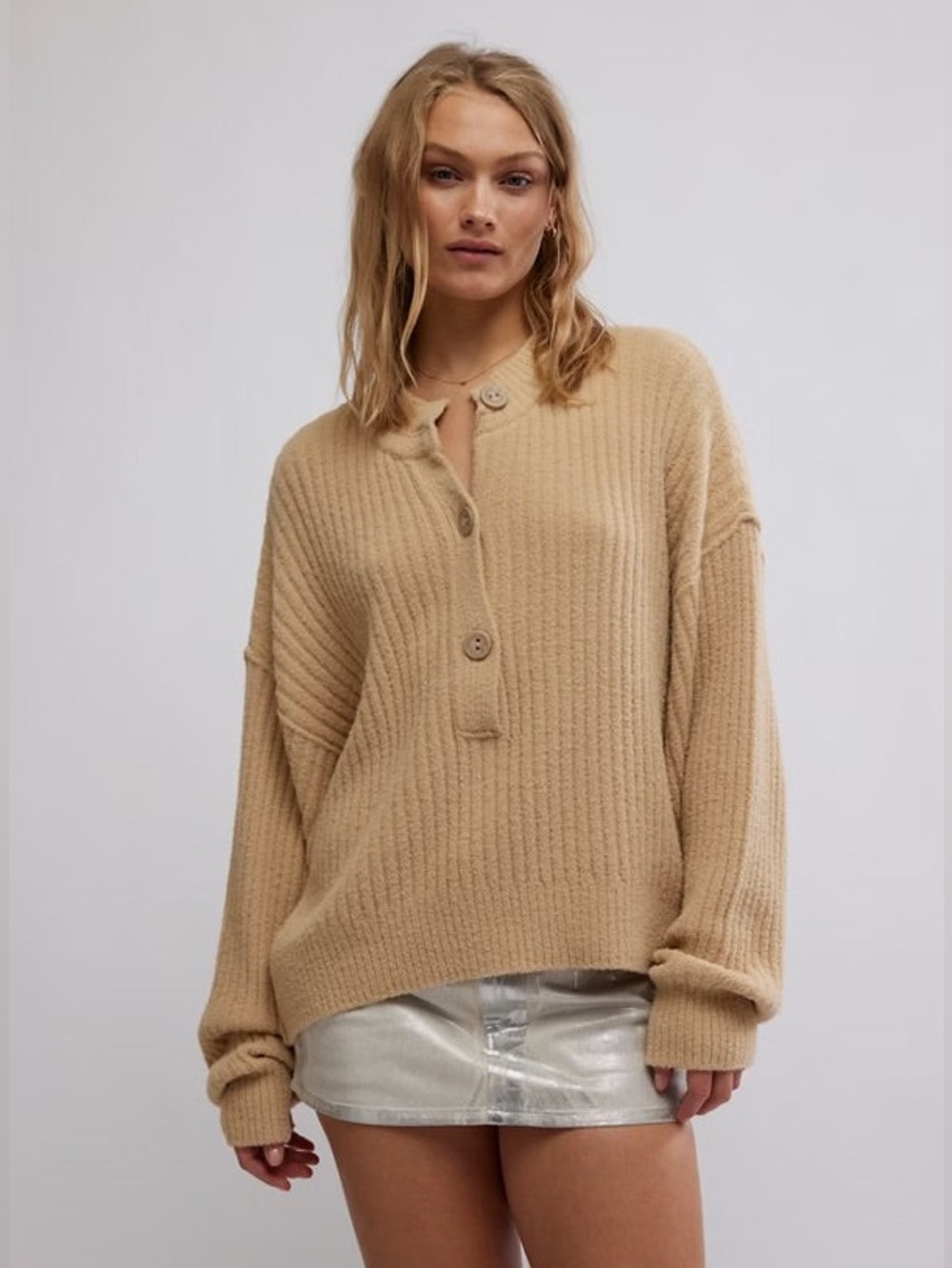 Free People Cocoa Henley sweater in the color sugar cookie